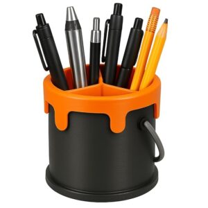 Paint Bucket Design Pen Holder, Desktop Organiser with Handle, Black and Orange, Multi-Compartment (Black & Orange)